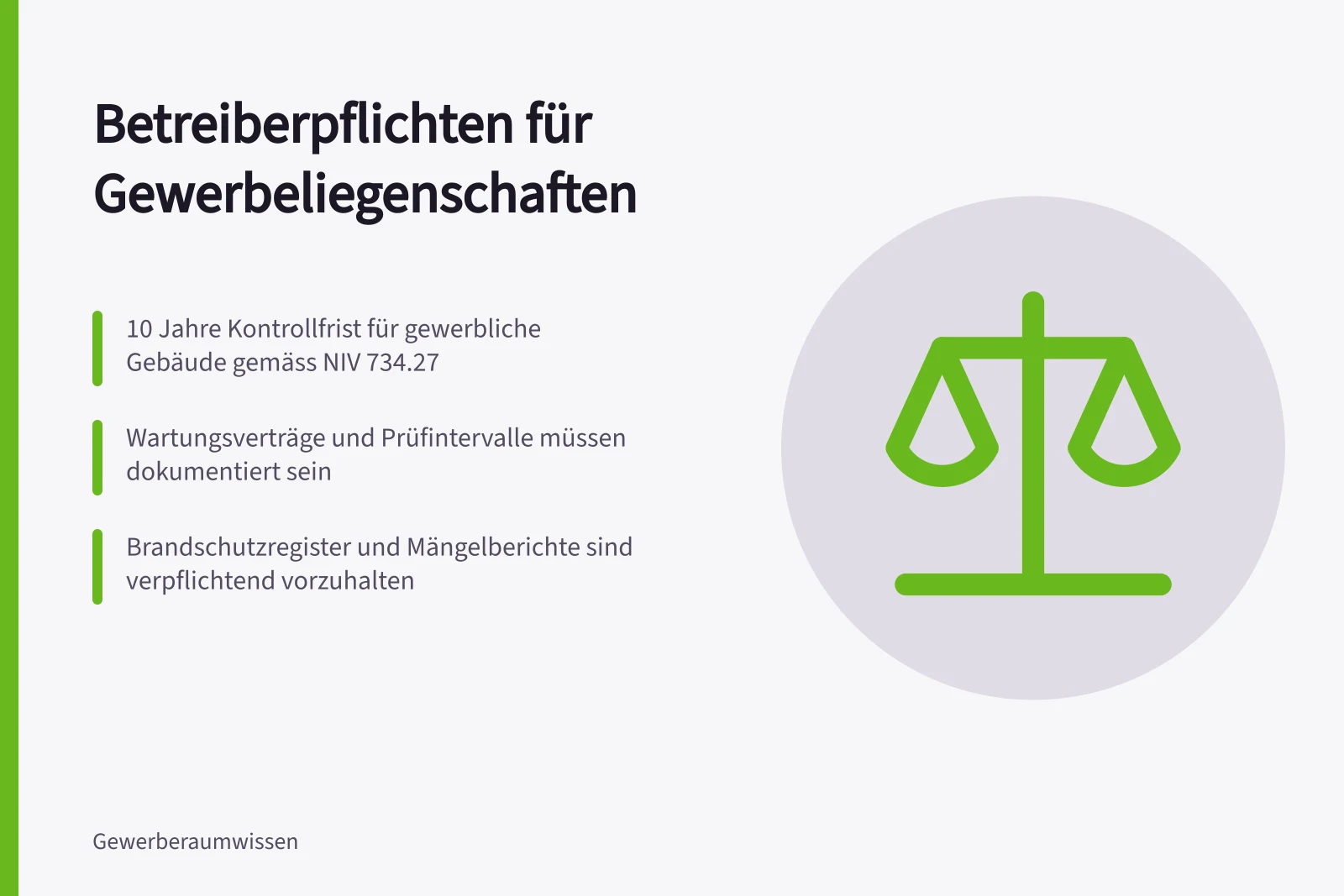 Betreiberpflichten für Gewerbeliegenschaften: 10 Jahre Kontrollfrist für gewerbliche Gebäude gemäss NIV 734.27; Wartungsverträge und Prüfintervalle müssen dokumentiert sein; Brandschutzregister und Mängelberichte sind verpflichtend vorzuhalten