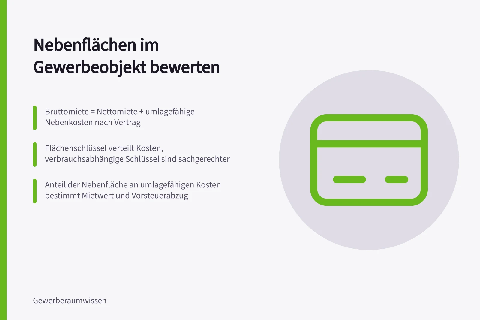 Nebenflächen im Gewerbeobjekt bewerten: Bruttomiete = Nettomiete + umlagefähige Nebenkosten nach Vertrag; Flächenschlüssel verteilt Kosten, verbrauchsabhängige Schlüssel sind sachgerechter; Anteil der Nebenfläche an umlagefähigen Kosten bestimmt Mietwert und Vorsteuerabzug